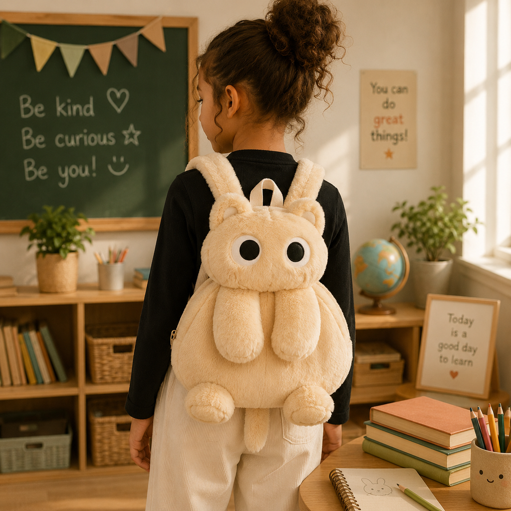 Sac à dos chat peluche Chados beige, yeux ronds, porté par un enfant
