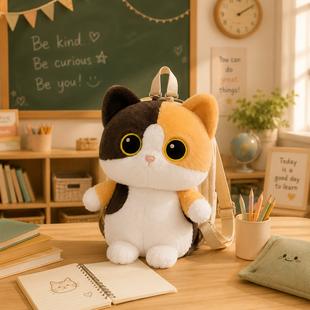 Sac à dos chat peluche Grochat, coloris caramel motif calico, posé en salle de classe