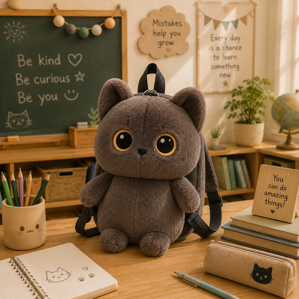 Sac à dos chat peluche Grochat gris, posé en salle de classe