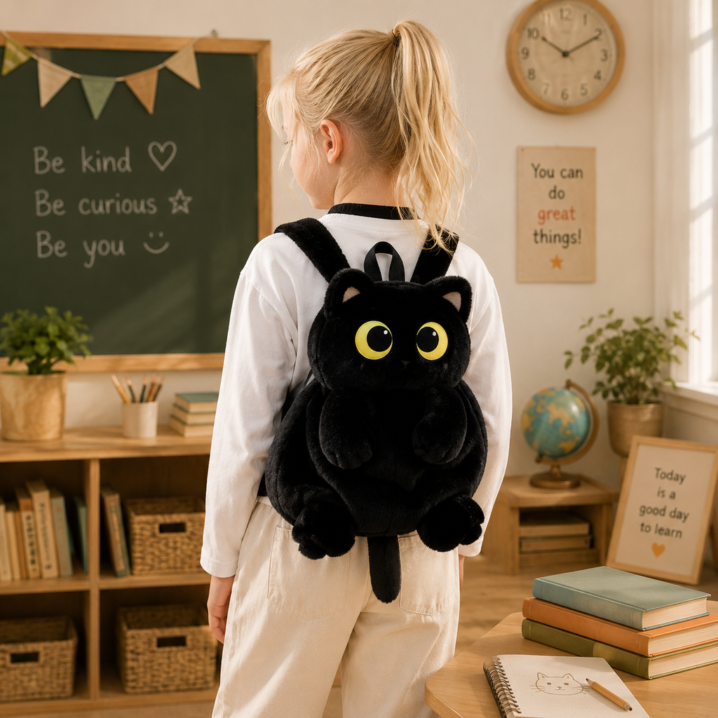 Sac à dos chat peluche Chados noir, porté par un enfant