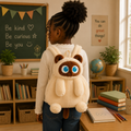 Sac à dos chat peluche Chados, coloris siamois marron et beige, porté par un enfant