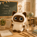 Sac à dos chat peluche Grochat, coloris siamois marron et beige, posé en salle de classe
